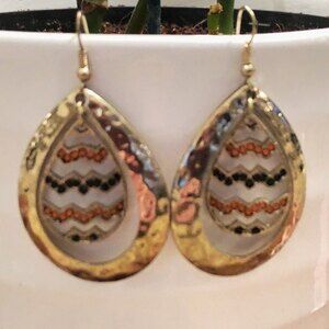 Teardrop Zig Zag Dangle Earrings Gold Tone